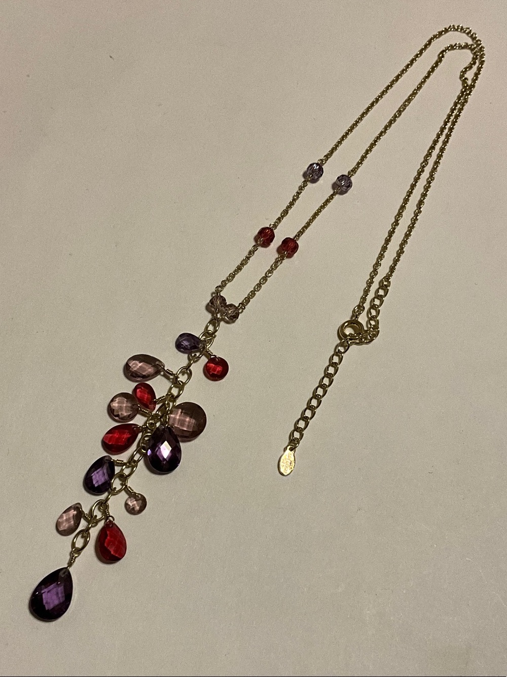 Gold Plated Sterling Silver Multi CZ Teardrop Y-Pendant Necklace - Red & Purple